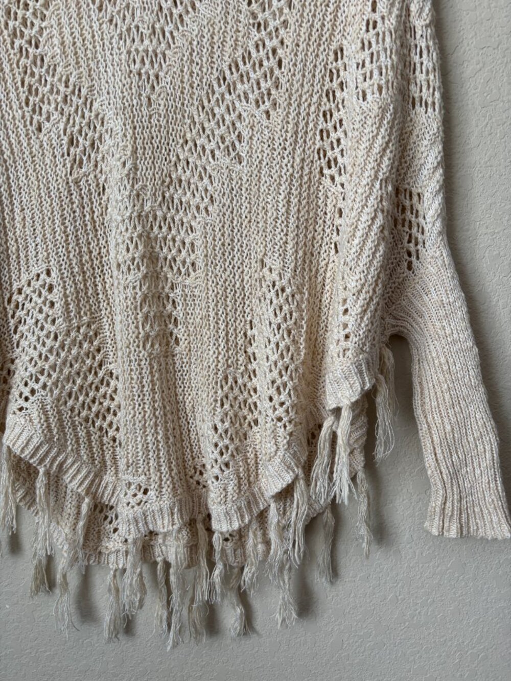 Boho Loose Knit Crochet Fringe Trim Festival Poncho Sweater Top - Picture 7 of 8